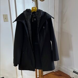 Nautica Black and Gray Raincoat with Hood and Layered Design